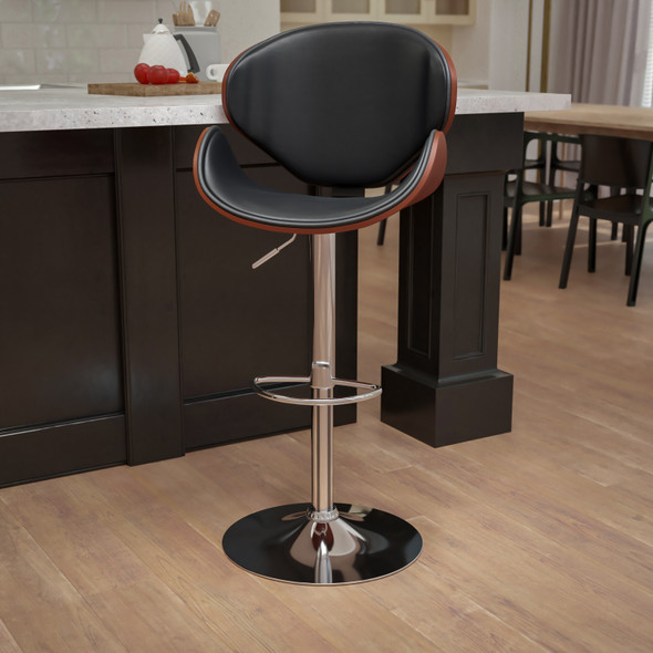 Farley Walnut Bentwood Adjustable Height Barstool with Curved Back and Black Vinyl Seat