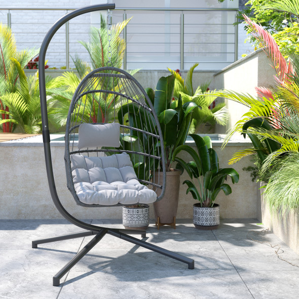 Cleo Patio Hanging Egg Chair, Wicker Hammock with Soft Seat Cushions & Swing Stand, Indoor/Outdoor Gray Frame-Gray Cushions