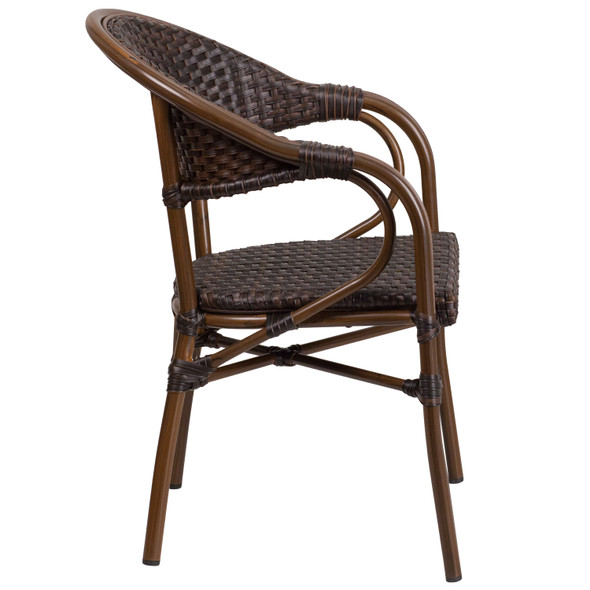 Milano Series Dark Brown Rattan Restaurant Patio Chair with Red Bamboo-Aluminum Frame
