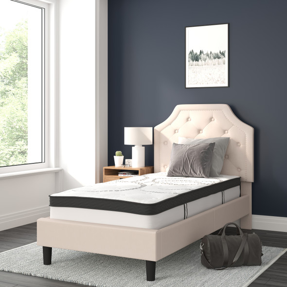 Brighton Twin Size Tufted Upholstered Platform Bed in Beige Fabric with 10 Inch CertiPUR-US Certified Pocket Spring Mattress