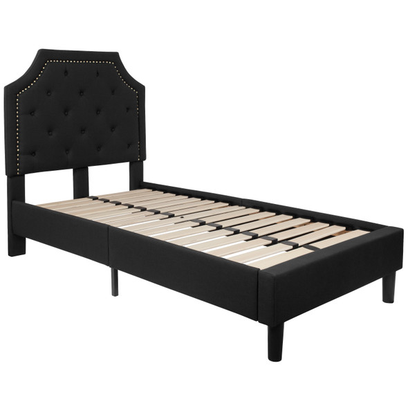 Brighton Twin Size Tufted Upholstered Platform Bed in Black Fabric with 10 Inch CertiPUR-US Certified Pocket Spring Mattress