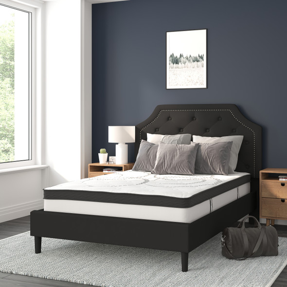 Brighton Full Size Tufted Upholstered Platform Bed in Black Fabric with 10 Inch CertiPUR-US Certified Pocket Spring Mattress