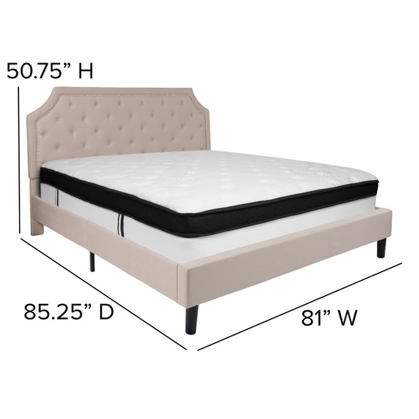 Brighton King Size Tufted Upholstered Platform Bed in Beige Fabric with Memory Foam Mattress