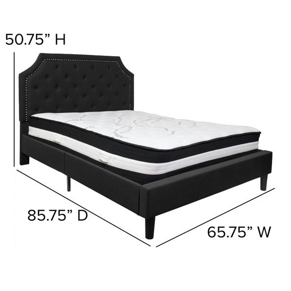 Brighton Queen Size Tufted Upholstered Platform Bed in Black Fabric with Pocket Spring Mattress