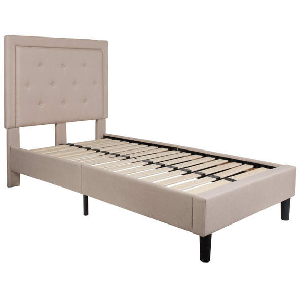 Roxbury Twin Size Tufted Upholstered Platform Bed in Beige Fabric with 10 Inch CertiPUR-US Certified Pocket Spring Mattress