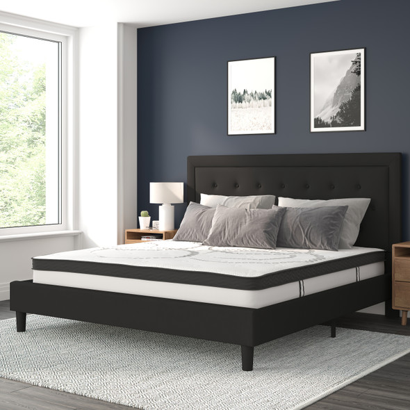 Roxbury King Size Tufted Upholstered Platform Bed in Black Fabric with 10 Inch CertiPUR-US Certified Pocket Spring Mattress
