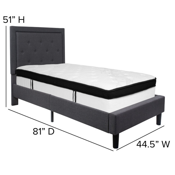 Roxbury Twin Size Tufted Upholstered Platform Bed in Dark Gray Fabric with Memory Foam Mattress