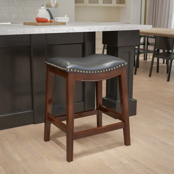 Alphus 26'' High Backless Cappuccino Wood Counter Height Stool with Black LeatherSoft Saddle Seat