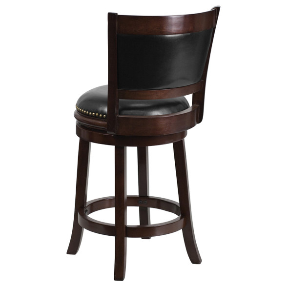 Mark 24'' High Cappuccino Wood Counter Height Stool with Panel Back and Black LeatherSoft Swivel Seat