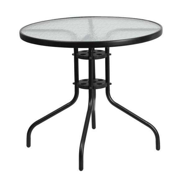 Brazos 5 Piece Outdoor Patio Dining Set - 31.5" Round Tempered Glass Patio Table, 4 Gray Flex Comfort Stack Chairs