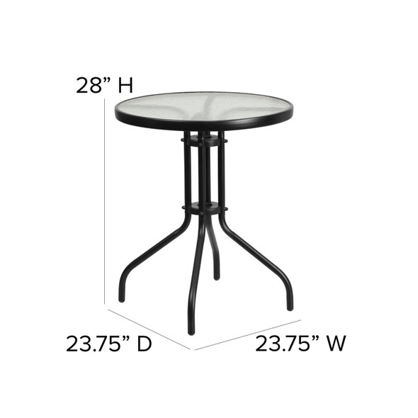 Lila 23.75'' Round Glass Metal Table with 2 Black Metal Aluminum Slat Stack Chairs