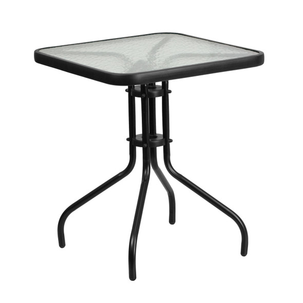 Lila 23.5'' Square Glass Metal Table with 2 Black Rattan Stack Chairs