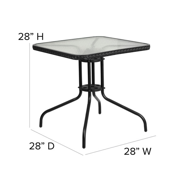 Barker 28'' Square Tempered Glass Metal Table with Black Rattan Edging