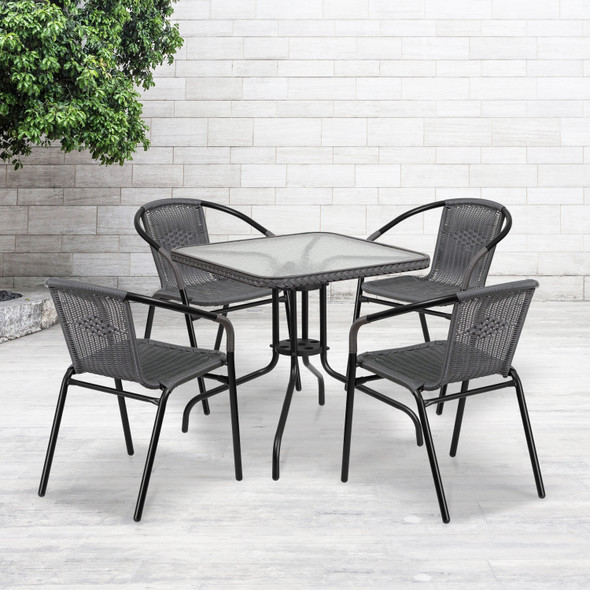 Lila 28'' Square Glass Metal Table with Gray Rattan Edging and 4 Gray Rattan Stack Chairs
