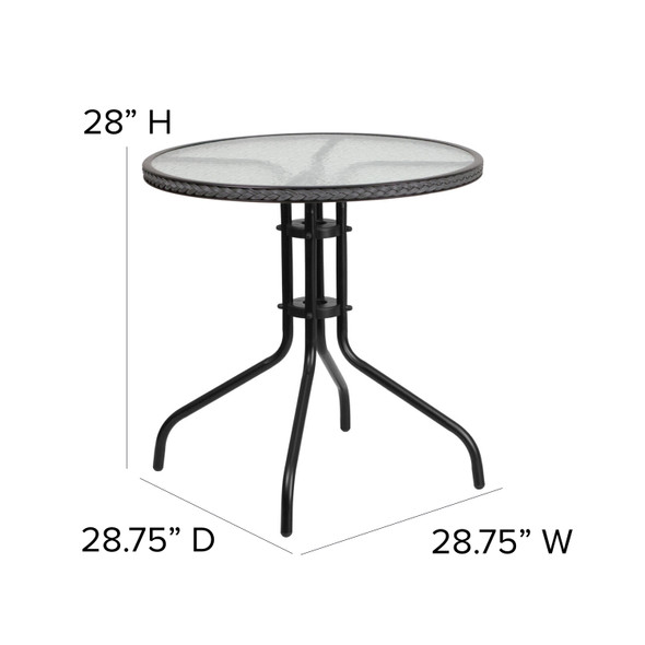 Lila 28'' Round Glass Metal Table with Gray Rattan Edging and 2 Gray Rattan Stack Chairs