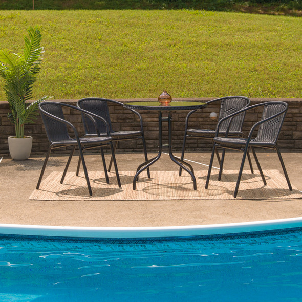 Lila 28'' Round Glass Metal Table with Black Rattan Edging and 4 Black Rattan Stack Chairs