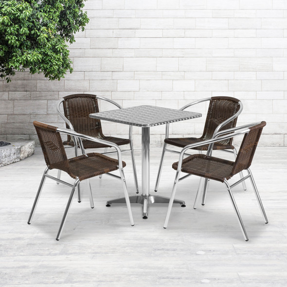Lila 23.5'' Square Aluminum Indoor-Outdoor Table Set with 4 Dark Brown Rattan Chairs