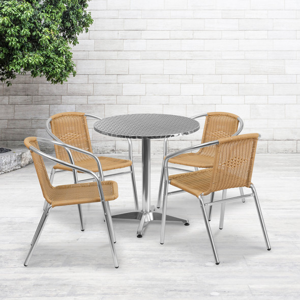 Lila 27.5'' Round Aluminum Indoor-Outdoor Table Set with 4 Beige Rattan Chairs