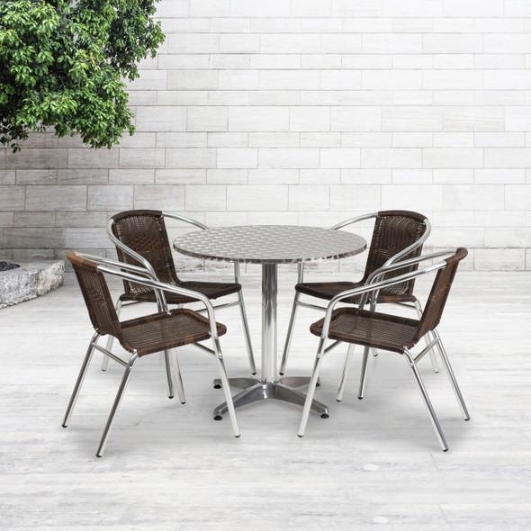 Lila 31.5'' Round Aluminum Indoor-Outdoor Table Set with 4 Dark Brown Rattan Chairs
