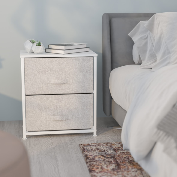 Harris 2 Drawer Wood Top White Nightstand Storage Organizer with Cast Iron Frame and Light Gray Easy Pull Fabric Drawers