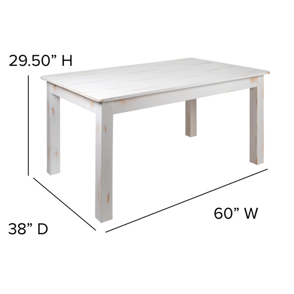 HERCULES Series 60" x 38" Rectangular Antique Rustic White Solid Pine Farm Dining Table