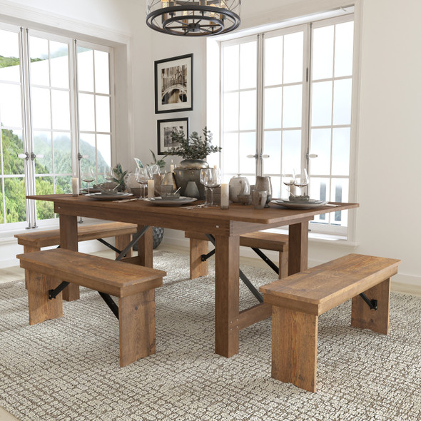 HERCULES Series 7' x 40'' Antique Rustic Folding Farm Table and Four Bench Set