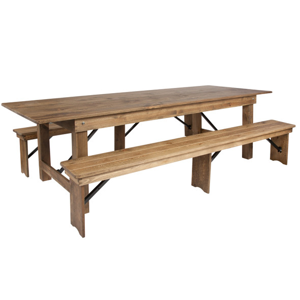 HERCULES Series 9' x 40'' Antique Rustic Folding Farm Table and Two Bench Set