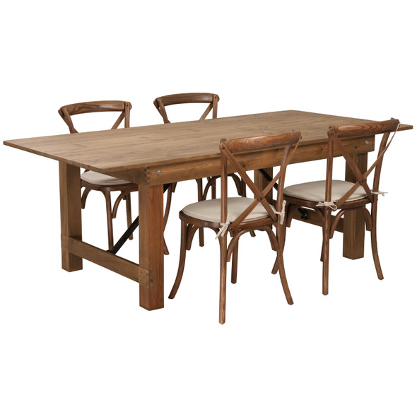 HERCULES Series 7' x 40'' Antique Rustic Folding Farm Table Set with 4 Cross Back Chairs and Cushions