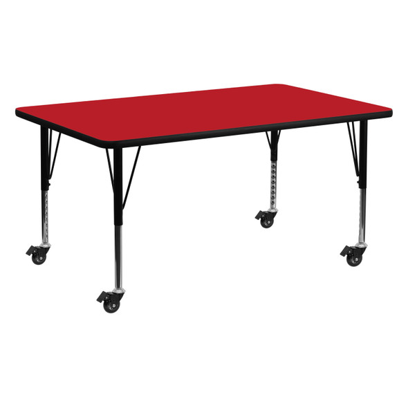 Wren Mobile 24''W x 60''L Rectangular Red HP Laminate Activity Table - Height Adjustable Short Legs