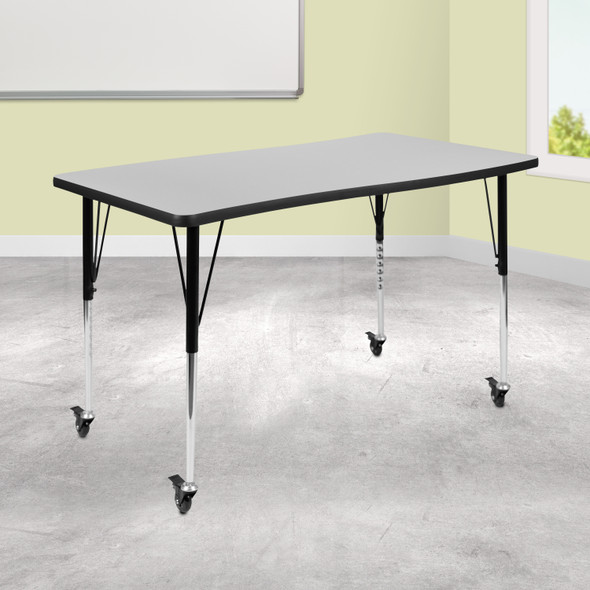 Wren Mobile 28"W x 47.5"L Rectangle Wave Flexible Collaborative Grey Laminate Activity Table-Standard Height Adjust Legs