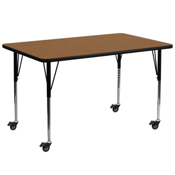 Wren Mobile 30''W x 72''L Rectangular Oak Thermal Laminate Activity Table - Standard Height Adjustable Legs