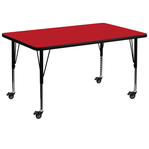 Wren Mobile 36''W x 72''L Rectangular Red HP Laminate Activity Table - Height Adjustable Short Legs