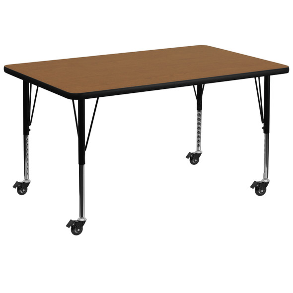Wren Mobile 36''W x 72''L Rectangular Oak Thermal Laminate Activity Table - Height Adjustable Short Legs
