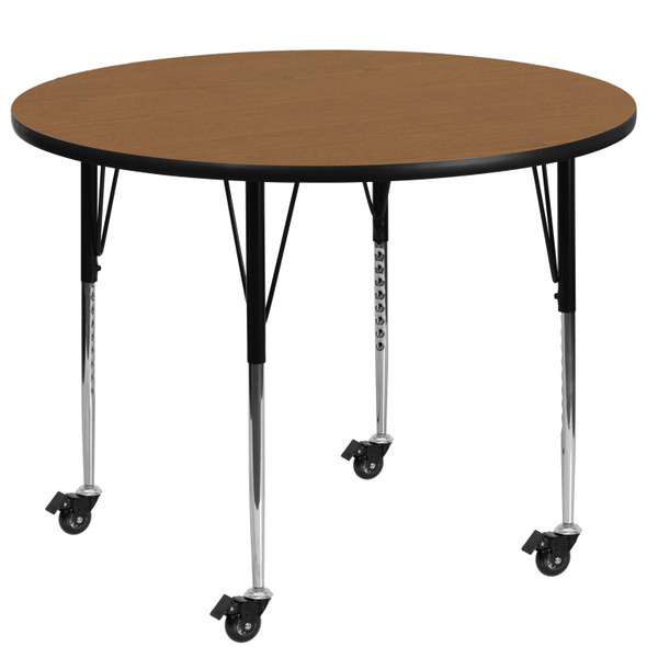 Wren Mobile 42'' Round Oak Thermal Laminate Activity Table - Standard Height Adjustable Legs