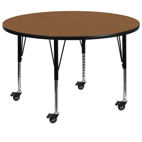 Wren Mobile 42'' Round Oak Thermal Laminate Activity Table - Height Adjustable Short Legs