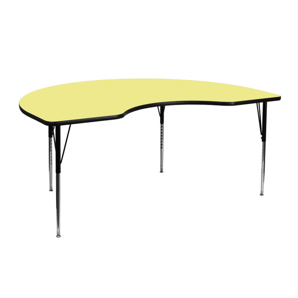 Wren 48''W x 72''L Kidney Yellow Thermal Laminate Activity Table - Standard Height Adjustable Legs