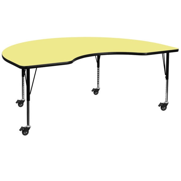 Wren Mobile 48''W x 96''L Kidney Yellow Thermal Laminate Activity Table - Height Adjustable Short Legs