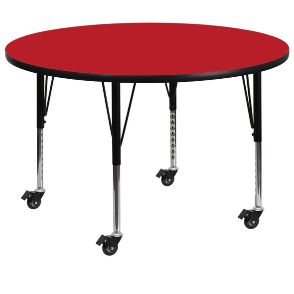 Wren Mobile 48'' Round Red HP Laminate Activity Table - Height Adjustable Short Legs