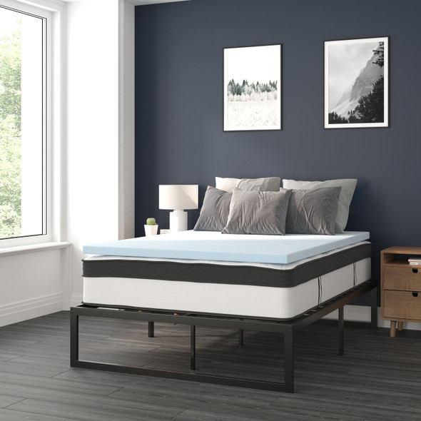 Leo 14 Inch Metal Platform Bed Frame with 12 Inch Pocket Spring Mattress in a Box and 2 Inch Cool Gel Memory Foam Topper - Full