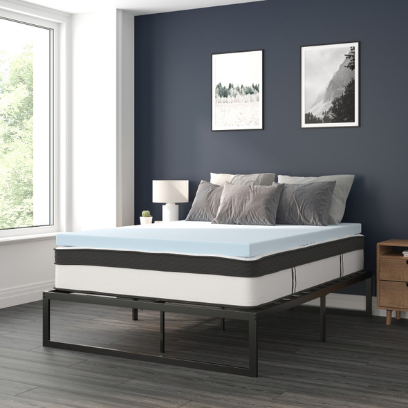 Leo 14 Inch Metal Platform Bed Frame with 12 Inch Pocket Spring Mattress in a Box and 3 inch Cool Gel Memory Foam Topper - Queen