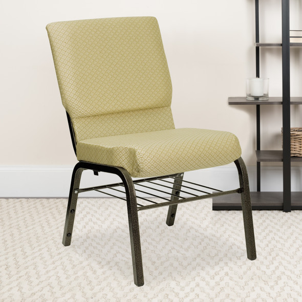 HERCULES Series 18.5''W Church Chair in Beige Patterned Fabric with Book Rack - Gold Vein Frame