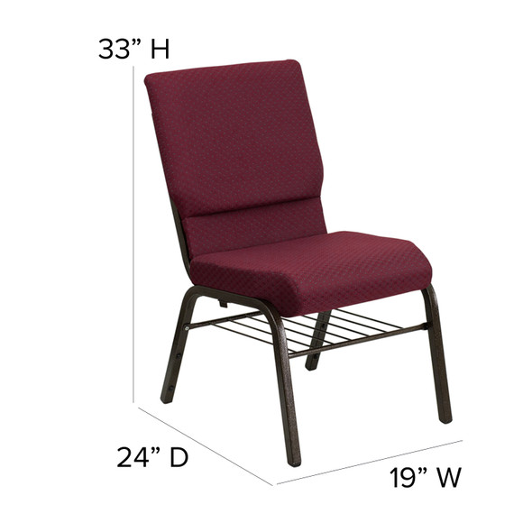 HERCULES Series 18.5''W Church Chair in Burgundy Patterned Fabric with Book Rack - Gold Vein Frame