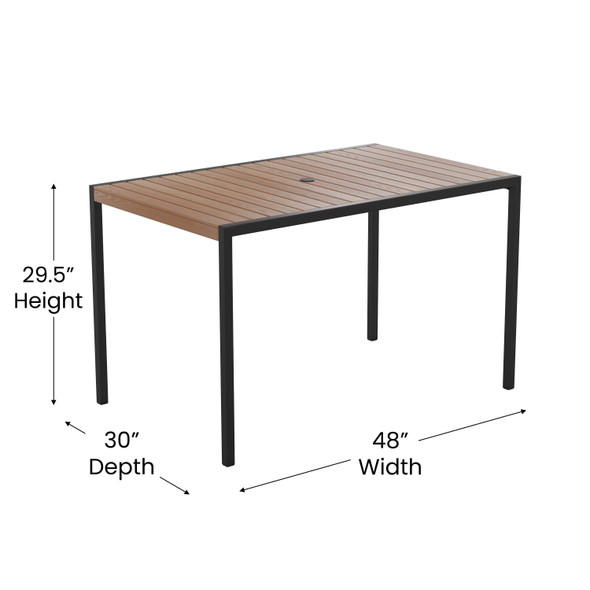 Lark 5 Piece Outdoor Dining Table Set - Synthetic Teak Poly Slats - 30" x 48" Steel Framed Table with Umbrella Hole - 4 Club Chairs