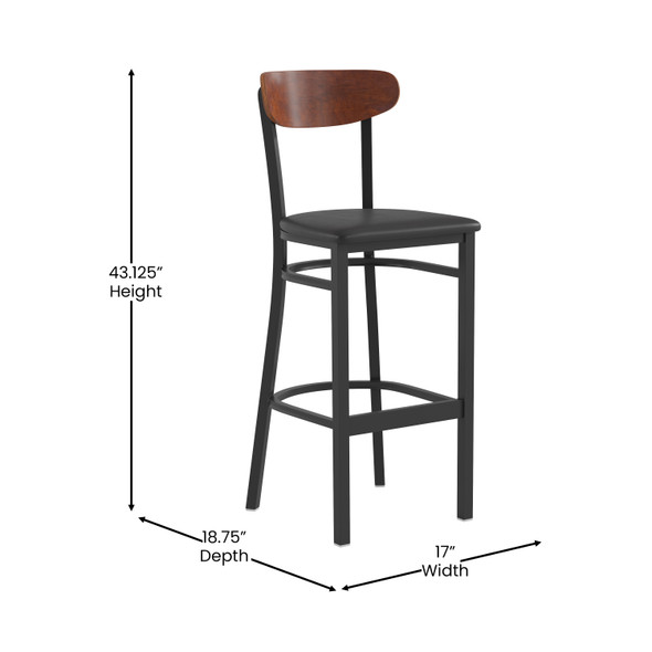 Wright Commercial Barstool with 500 LB. Capacity Black Steel Frame, Walnut Finish Wooden Boomerang Back, and Black Vinyl Seat