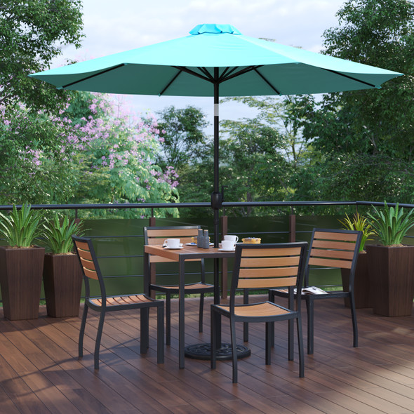 Lark 7 Piece All-Weather Deck or Patio Set with 4 Stacking Faux Teak Chairs, 35" Square Faux Teak Table, Teal Umbrella & Base