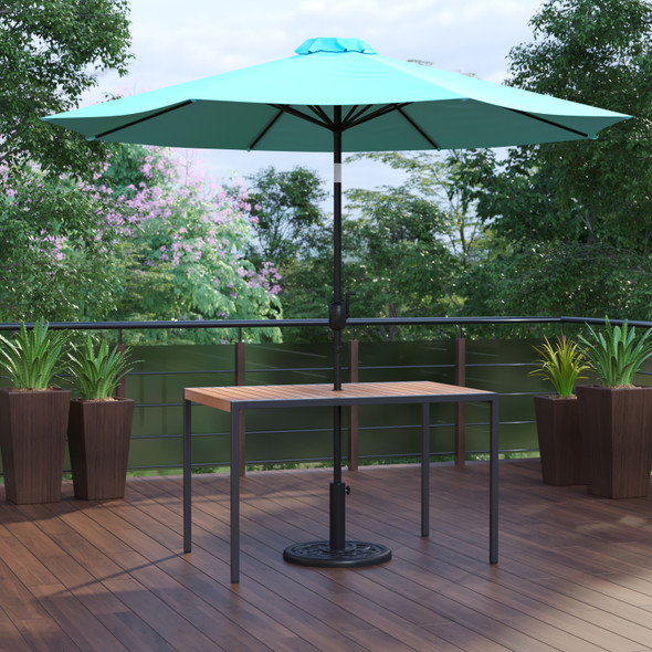 Lark 3 Piece Outdoor Patio Table Set - 30" x 48" Synthetic Teak Patio Table with Teal Umbrella and Base