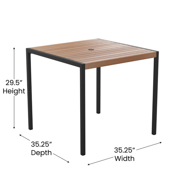 Lark Outdoor Dining Table with Synthetic Teak Poly Slats - 35" Square Steel Framed Restaurant Table with Umbrella Holder Hole