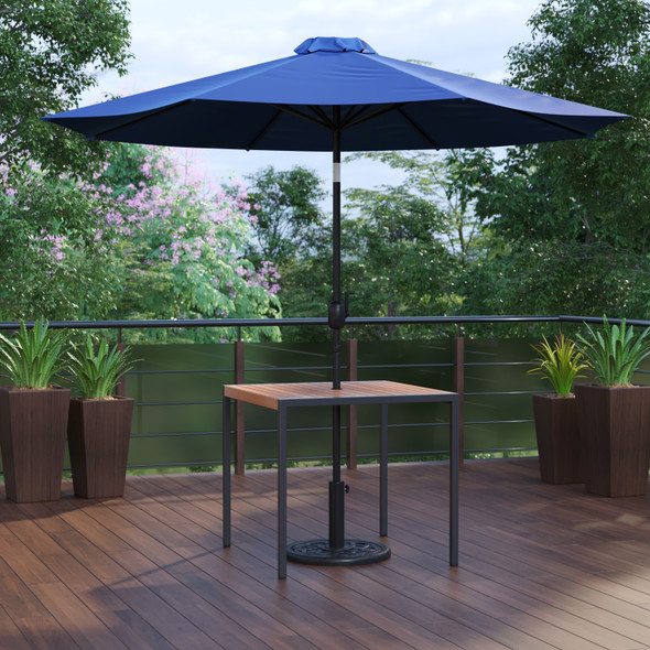 Lark 3 Piece Outdoor Patio Table Set - 35" Square Synthetic Teak Patio Table with Navy Umbrella and Base