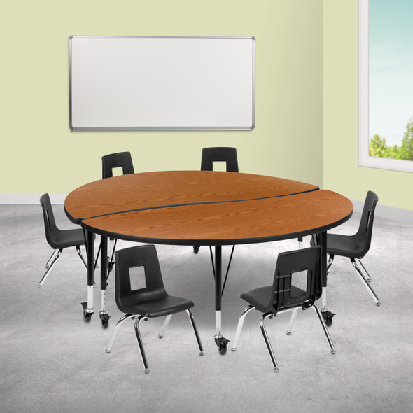 Emmy Mobile 60" Circle Wave Flexible Laminate Activity Table Set with 12" Student Stack Chairs, Oak/Black