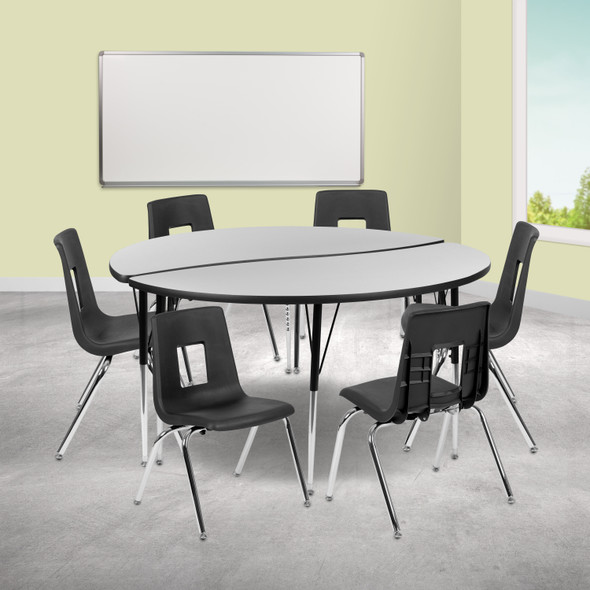 Emmy 60" Circle Wave Flexible Laminate Activity Table Set with 16" Student Stack Chairs, Grey/Black